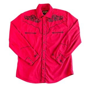 El General Mens Red Western Snap Shirt Black Embroidered Yoke‎ Arrow Pockets L